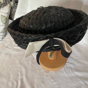 Black Straw Hat with Ribbon Accent